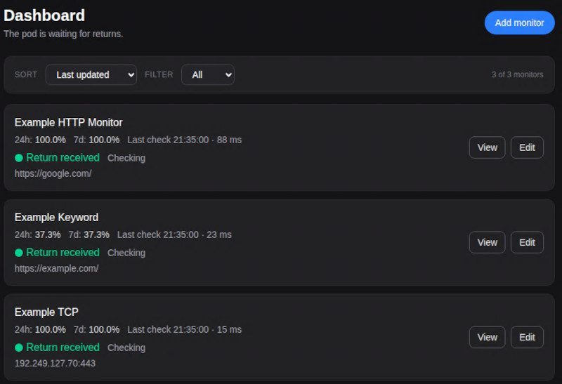 Dashboard with monitor list