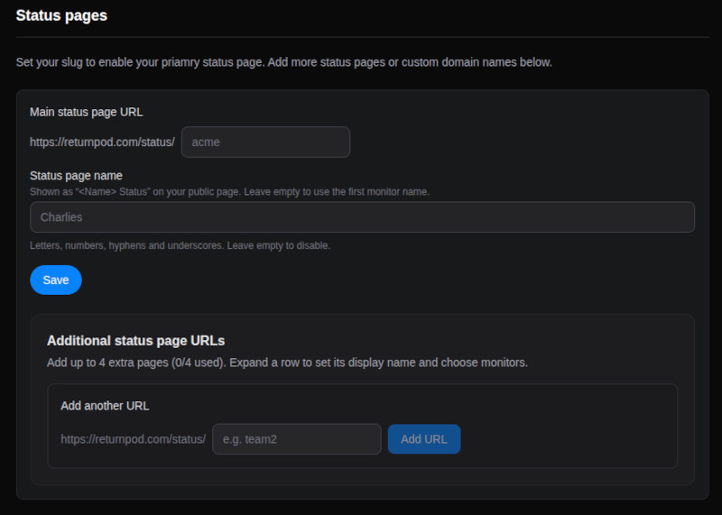 Settings – Status page section